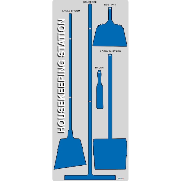 5S Housekeeping Shadow Board Broom Station Version 14 - Gray Board / Blue Shadows  With Broom